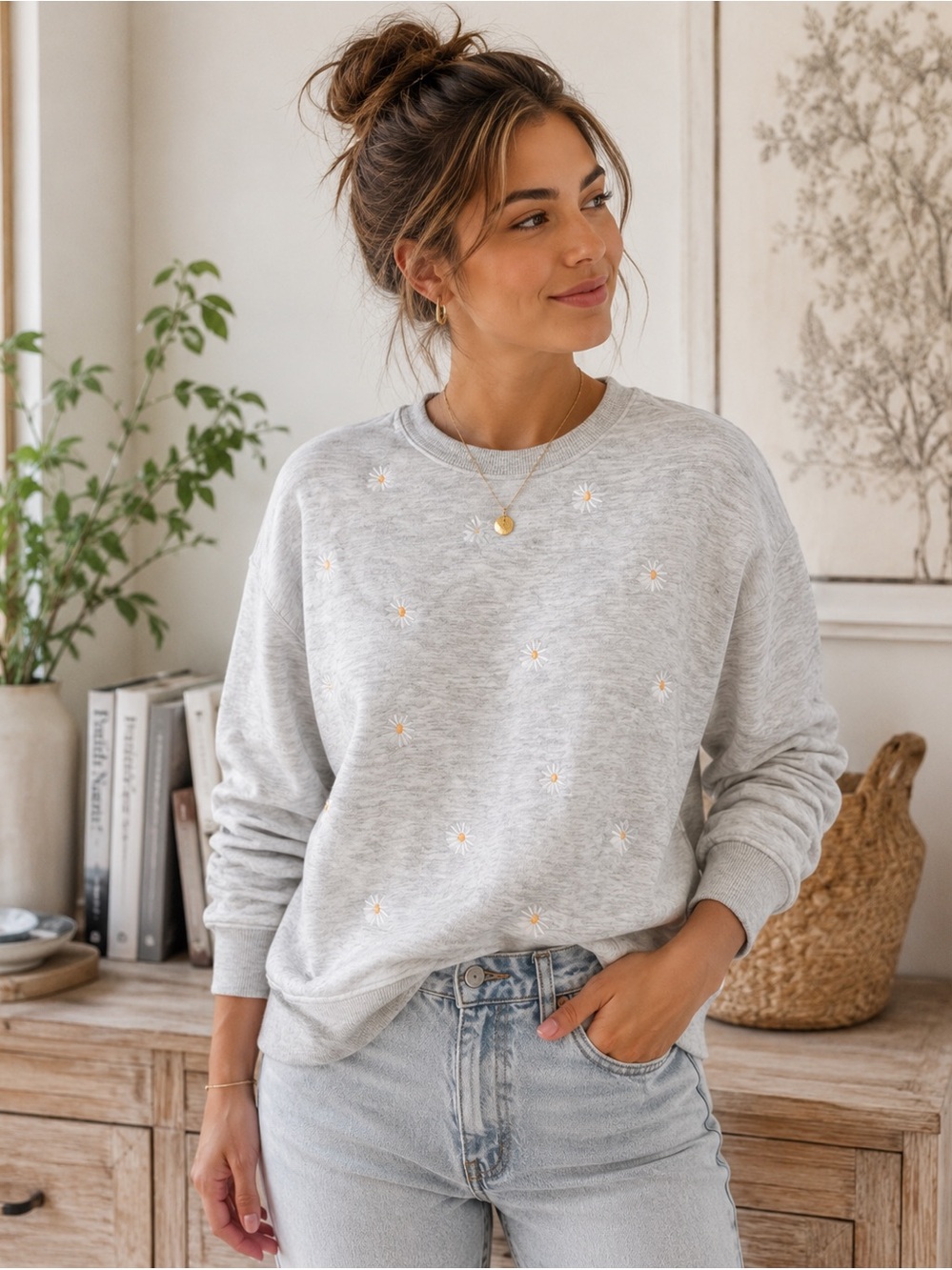Jane + Delancey Daisy Embroidered Sweatshirt Oversized Cozy Cottagecore Pullover